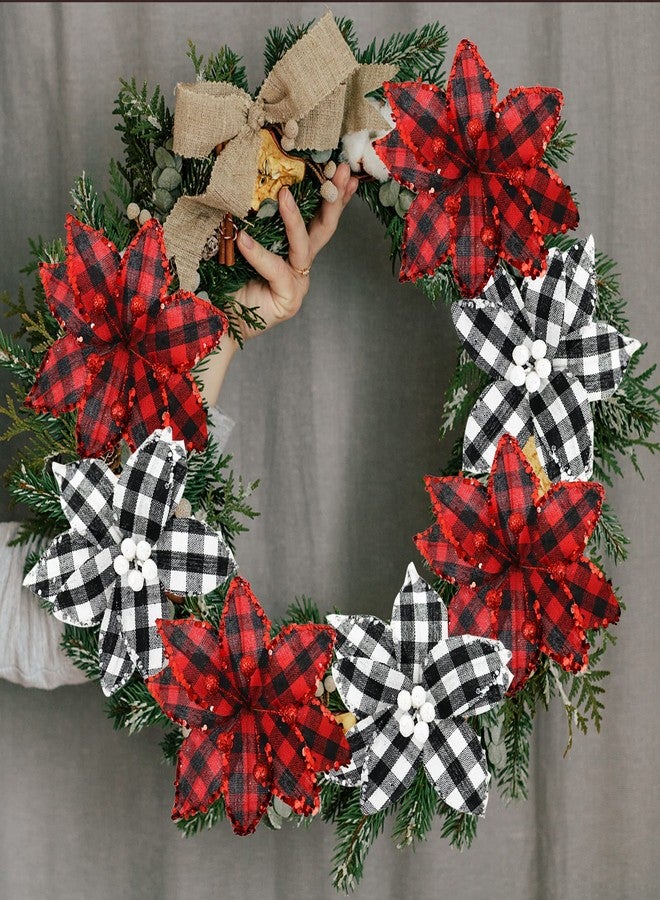 RISICULIS 12 Pieces Buffalo Plaid Poinsettias Christmas Tree Ornaments, 7.1 Inch Wide Artificial Christmas Flowers Poinsettia with Glitter Powder for Christmas Tree Garland Wedding Party Holiday Decoration - Image 4